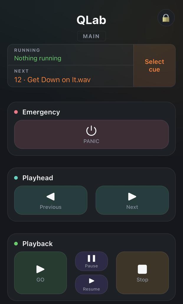 A crew page on a phone: the running and next cue at the top, then Emergency, Playhead and Playback blocks with GO, Pause, Resume and Stop.